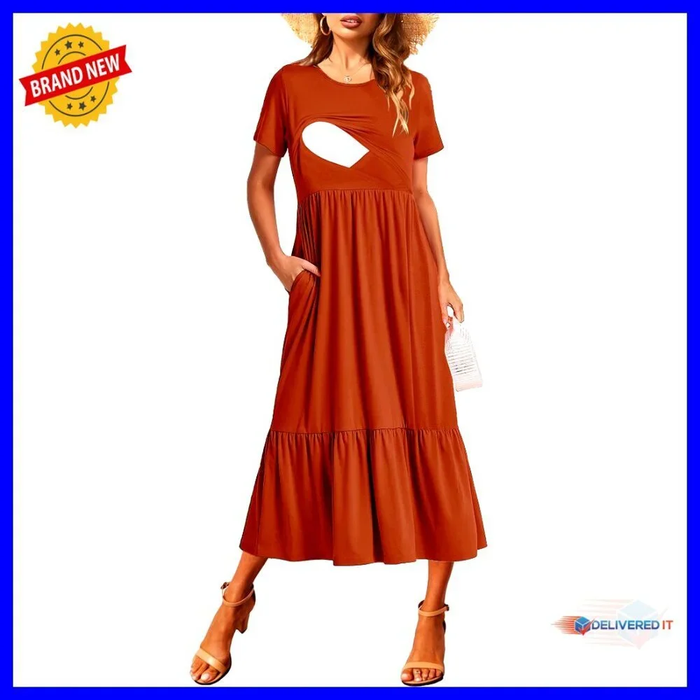 Maternity Nursing Maxi Dress with Pockets, Tiered Flowy A-Line